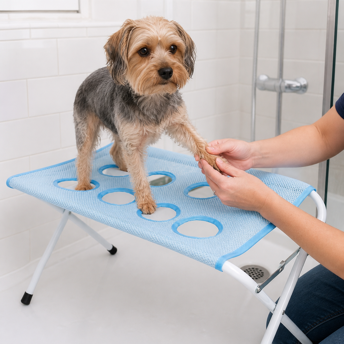 Petit chien calmement installé pendant un soin des pattes avec Fitzano